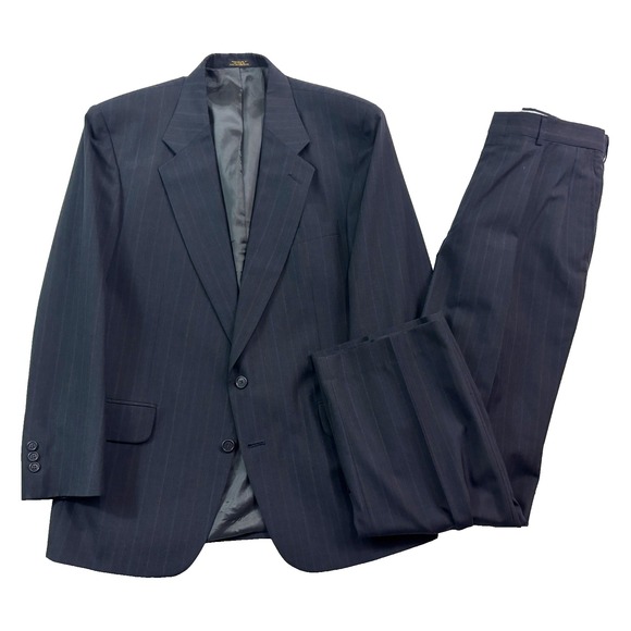 VTG 90s Towncraft 42R 34x30 2pc Pant Suit Navy Blue Stripe USA Wool Pleated
